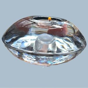 Discus shape crystal candle holder, MCM, holds tea lights and tapers, EUC